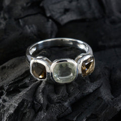 Riya sterling silver multicolor trilogy gemstone ring with pale green center and two smoky brown side stones