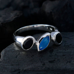 Paula multicolor trilogy gemstone ring with two black stones and one blue marquise stone set in silver band