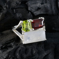 Mathilde multicolor trilogy gemstone ring with green, red, and white rectangular stones set in silver
