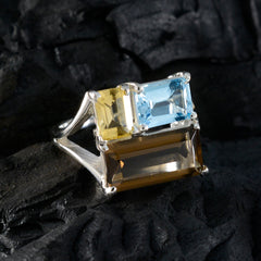 Rebeca multicolor trilogy gemstone ring with yellow, blue, and brown rectangular stones set in silver