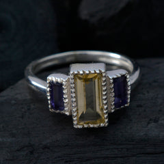 Daniela multicolor trilogy gemstone ring with rectangular yellow and purple gemstones in silver setting