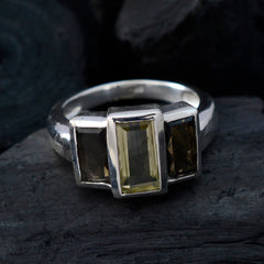 Emilia sterling silver multicolor trilogy gemstone ring with a central yellow rectangular gem and two brown side baguettes