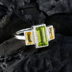 Elena silver band multicolor trilogy gemstone ring with rectangular green center stone and two yellow side stones