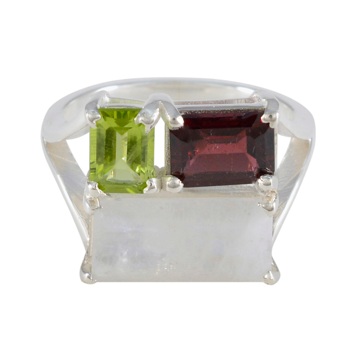 Mathilde multicolor trilogy gemstone ring with green, red, and clear rectangular stones set in silver band
