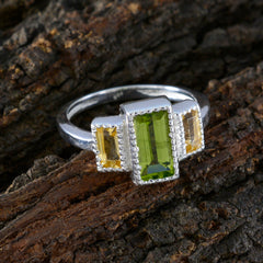 Elena multicolor trilogy gemstone ring with center green peridot and two yellow citrines set in sterling silver