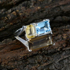 Rebeca multicolor trilogy gemstone ring with yellow, blue, and smoky rectangular stones set in silver