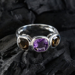 Natalia multicolor trilogy gemstone ring with purple and brown stones set in silver band