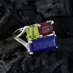 Dewi multicolor trilogy gemstone ring with green, red, and blue rectangular stones on silver band