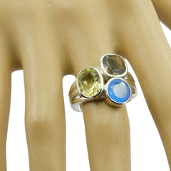 Olivia multicolor trilogy gemstone ring with blue yellow and smoky gemstones on sterling silver band