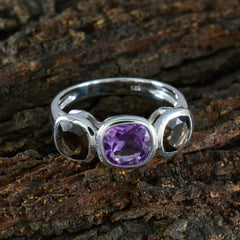 Natalia multicolor trilogy gemstone ring with purple and two smoky quartz stones on silver band