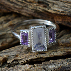 Natcha multicolor trilogy gemstone ring with three rectangular stones set in silver band