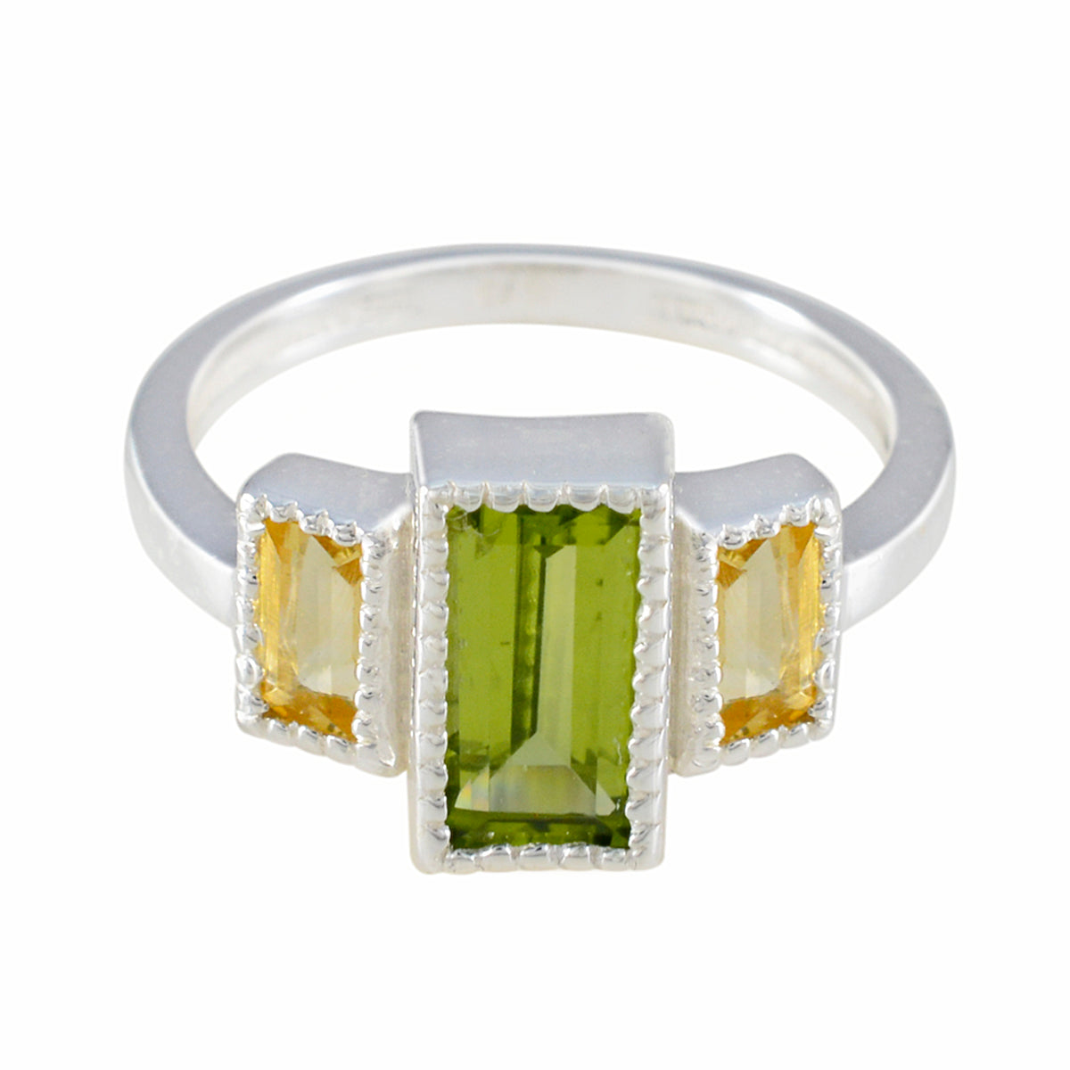 Elena sterling silver ring with rectangular green center and two yellow side stones multicolor trilogy gemstone ring