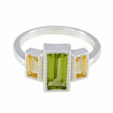 Elena sterling silver ring with rectangular green center and two yellow side stones multicolor trilogy gemstone ring