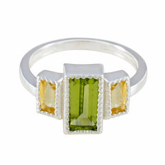 Elena sterling silver ring with rectangular green center and two yellow side stones multicolor trilogy gemstone ring