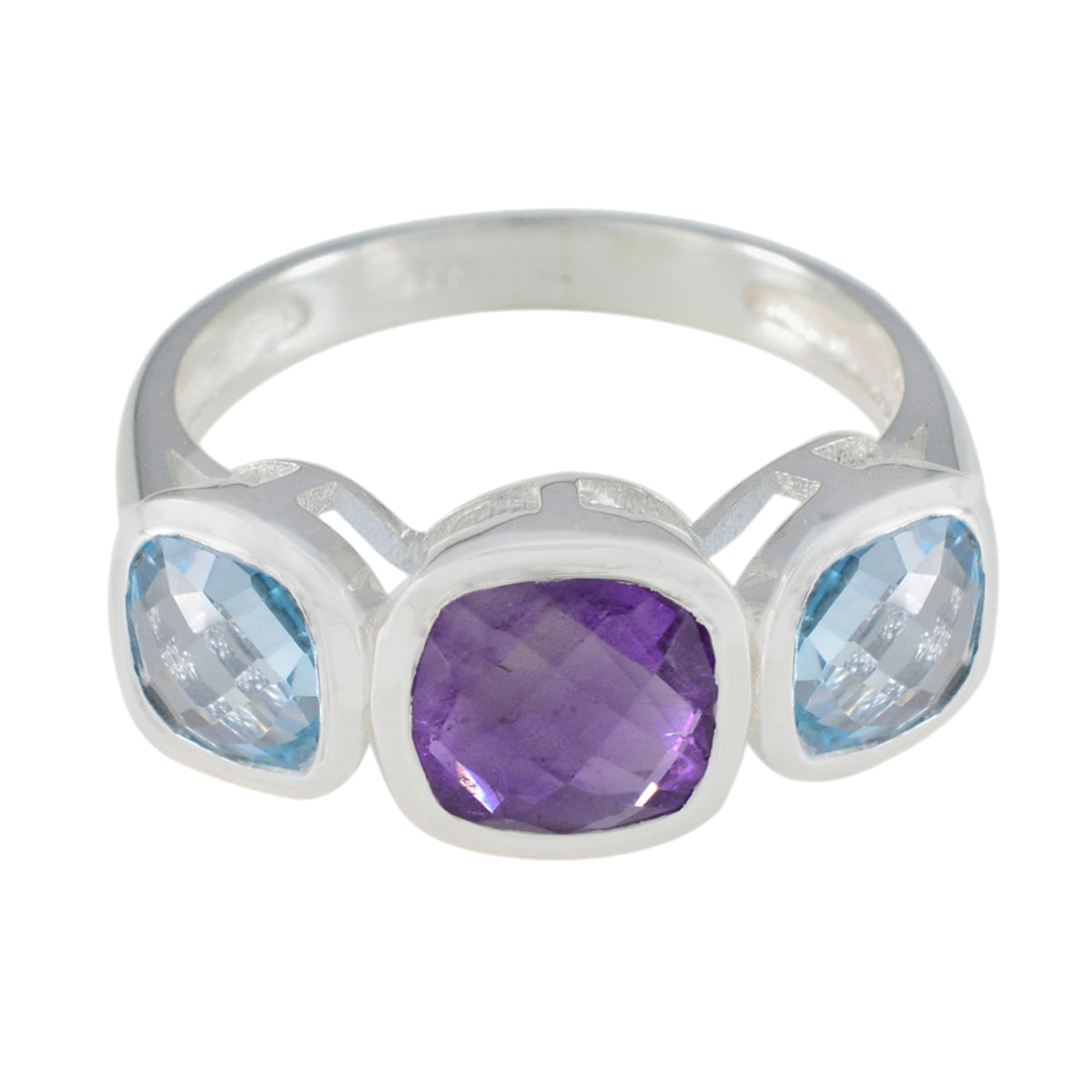 Hazel multicolor trilogy gemstone ring with a purple center stone and two blue side stones set in silver