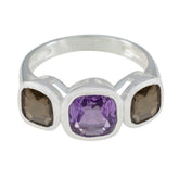 Natalia multicolor trilogy gemstone ring with purple and brown square-cut stones set in silver band