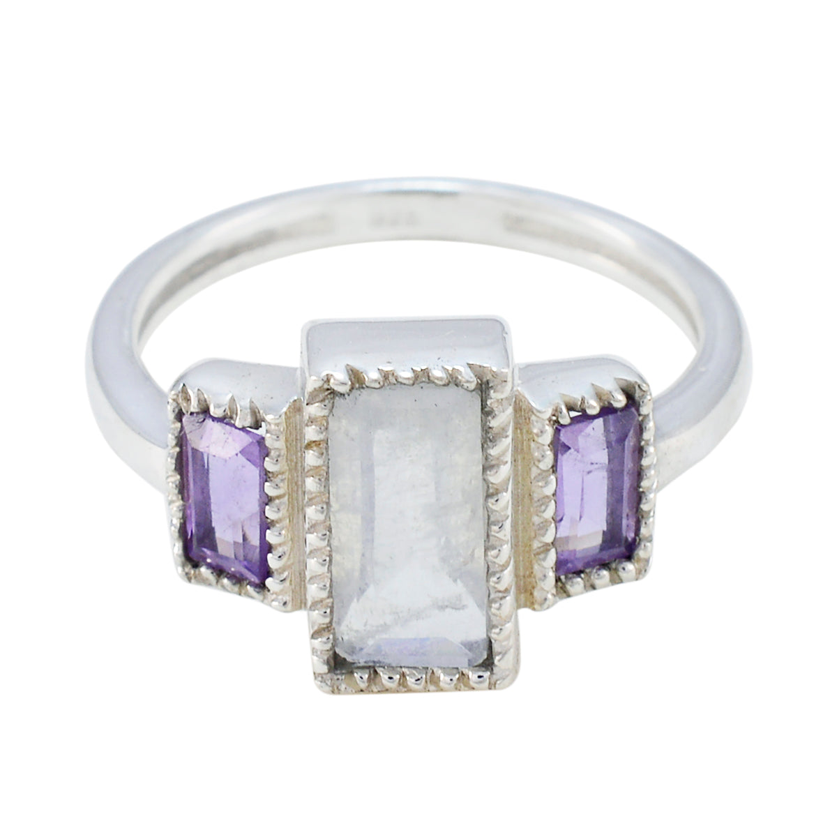 Natcha silver multicolor trilogy gemstone ring with rectangular central stone and two purple side stones