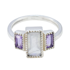 Natcha silver multicolor trilogy gemstone ring with rectangular central stone and two purple side stones