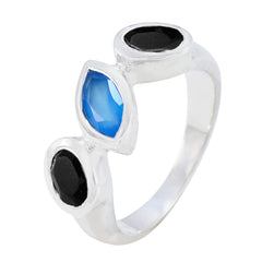 Paula multicolor trilogy gemstone ring with blue and black stones set in silver band