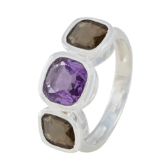 Natalia multicolor trilogy gemstone ring with purple and brown gemstones set in silver band