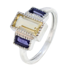 Daniela multicolor trilogy gemstone ring with rectangular yellow and purple stones in silver setting