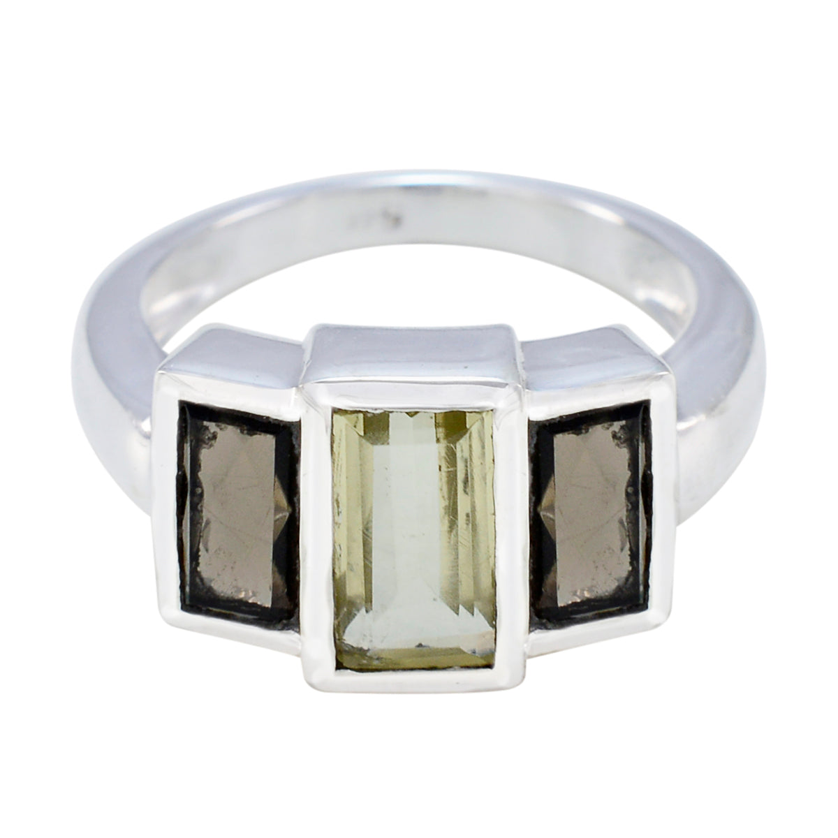 Emilia sterling silver multicolor trilogy gemstone ring with emerald cut pale green center stone and two dark side stones