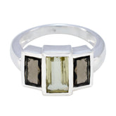 Emilia sterling silver multicolor trilogy gemstone ring with emerald cut pale green center stone and two dark side stones