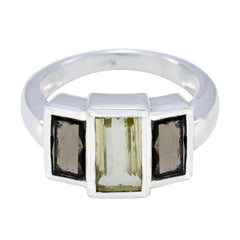 Emilia sterling silver multicolor trilogy gemstone ring with emerald cut pale green center stone and two dark side stones