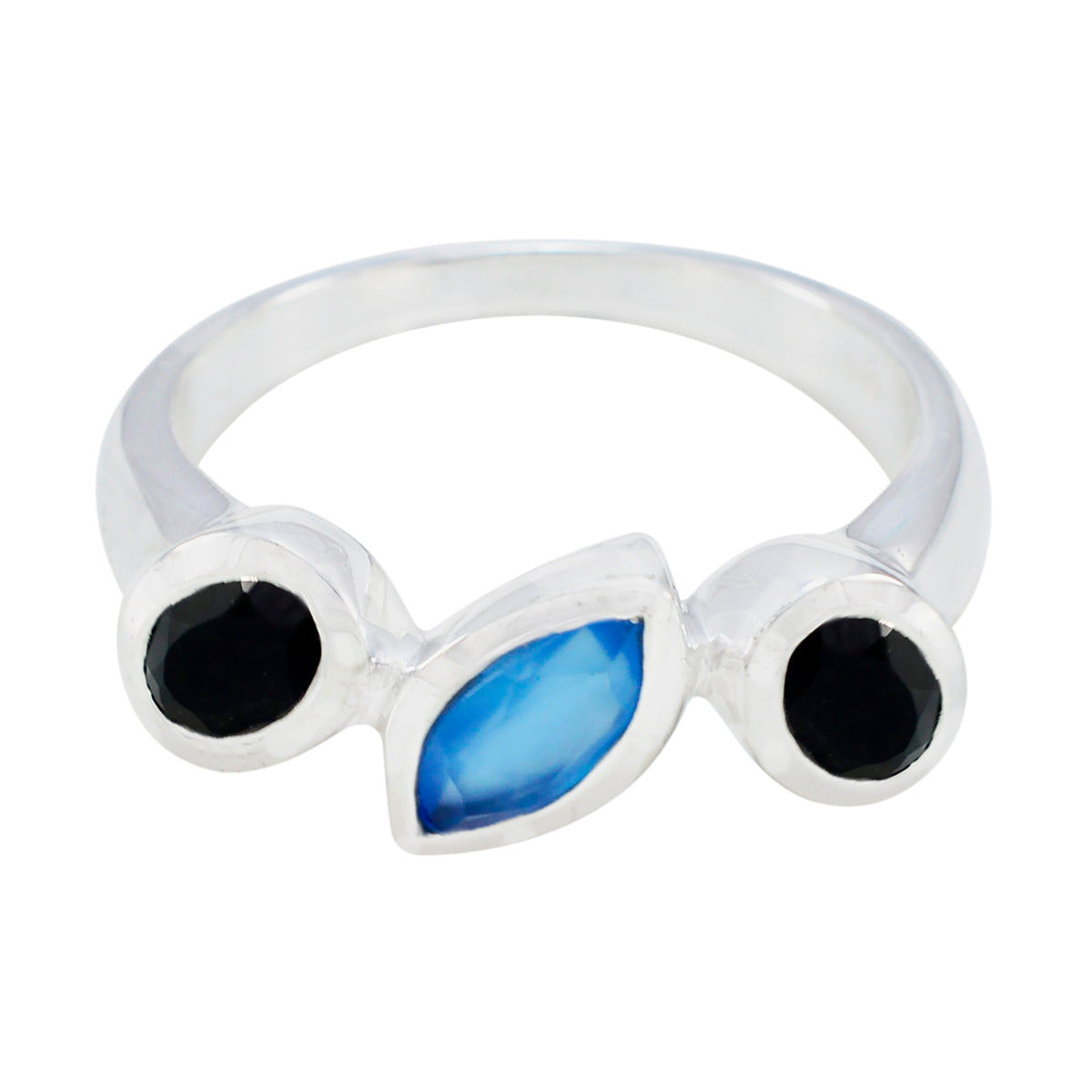 Paula multicolor trilogy gemstone ring with blue marquise and two black round stones in silver band
