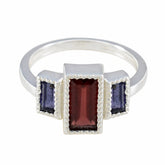 Meera multicolor trilogy gemstone ring with rectangular red and blue stones in silver setting