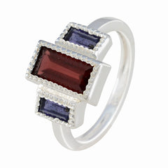 Meera multicolor trilogy gemstone ring with rectangular red and purple stones set in silver band