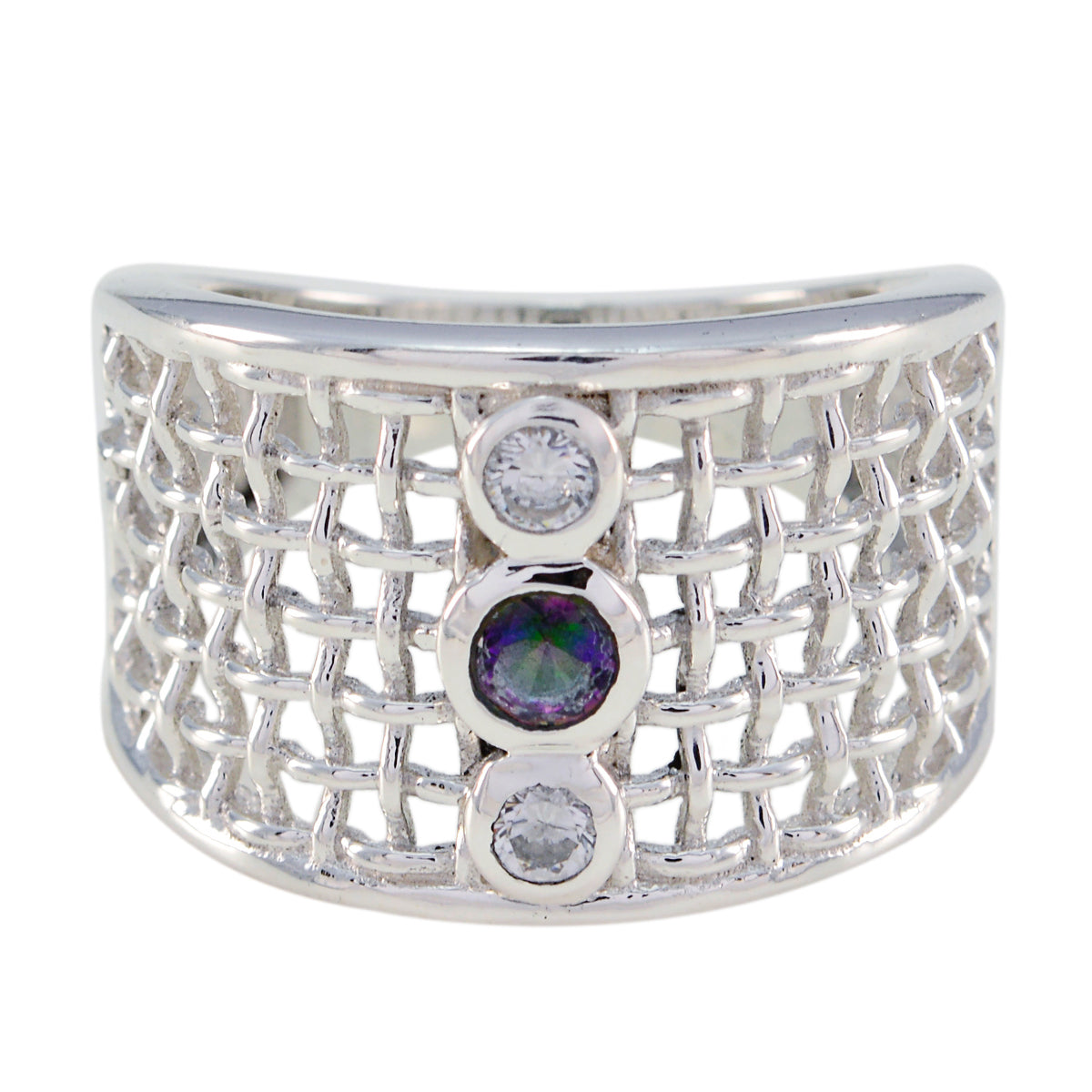 Abigail Multicolor Trilogy Gemstone Ring with Silver Mesh Multi Stone Multicolor