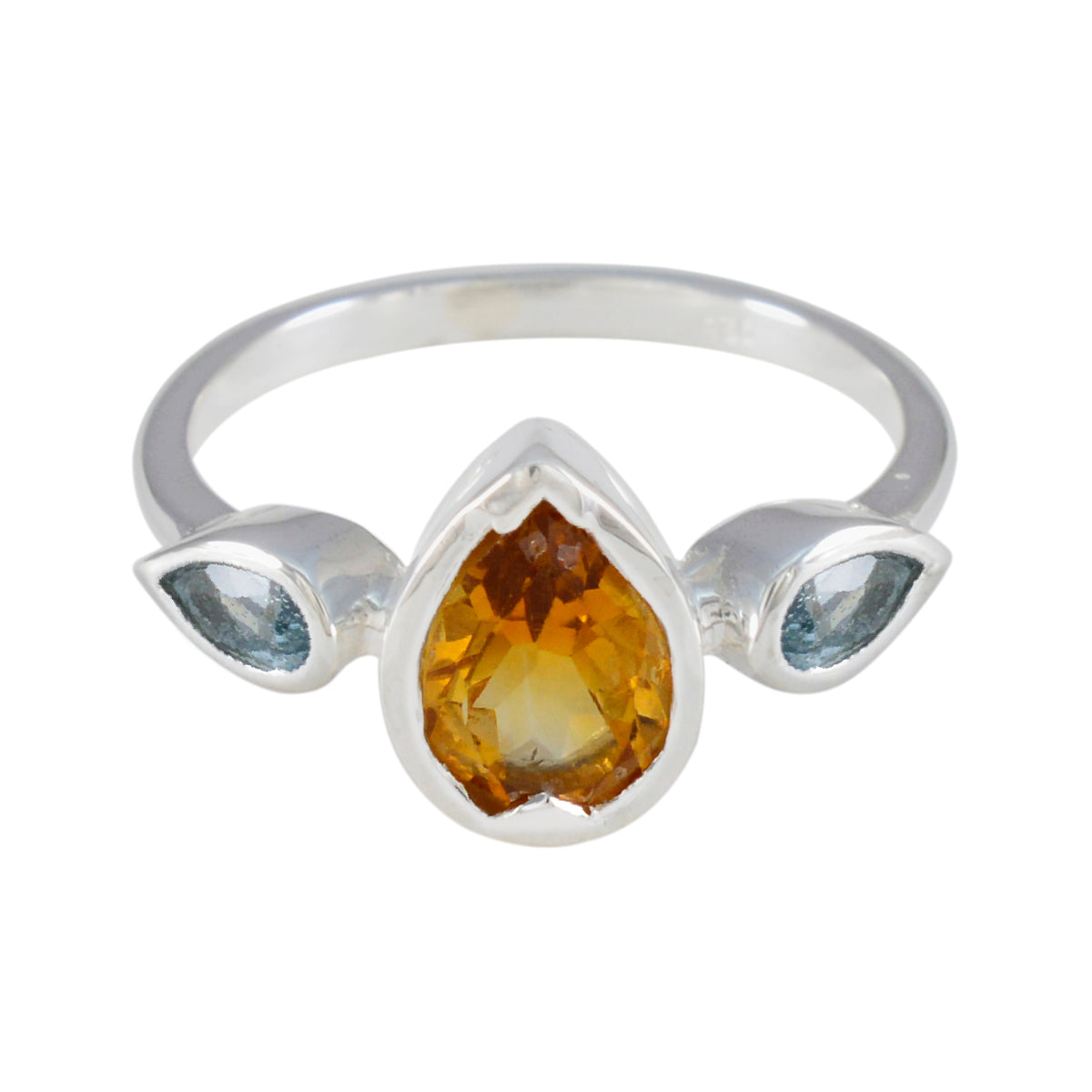 Kennedy multicolor trilogy gemstone ring with pear-shaped orange and blue stones in silver band