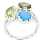 Olivia sterling silver multicolor trilogy gemstone ring with blue chalcedony pale citrine and smoky quartz versatile everyday wear