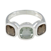 Riya sterling silver multicolor trilogy gemstone ring with cushion cut green center and smoky side stones