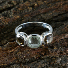 Riya sterling silver multicolor trilogy gemstone ring with three cushion cut stones in green and smoky brown