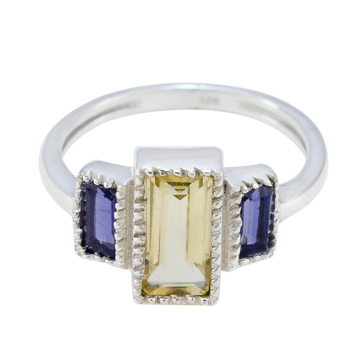 Daniela multicolor trilogy gemstone ring with rectangular yellow center stone and two purple side stones