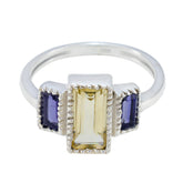 Daniela multicolor trilogy gemstone ring with rectangular yellow center stone and two purple side stones