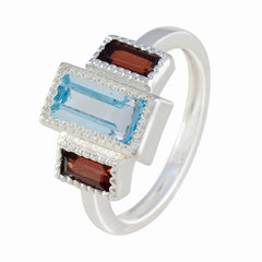 Elena multicolor trilogy ring sterling silver with rectangular blue topaz center and two garnet side stones