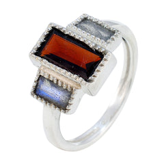Eleanor multicolor trilogy ring with rectangular deep red center stone and two iridescent gray side stones