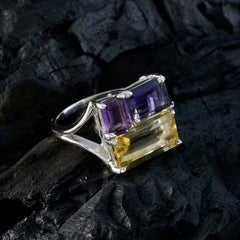 Marie multicolor trilogy ring with three rectangular gemstones in purple and yellow set on silver band
