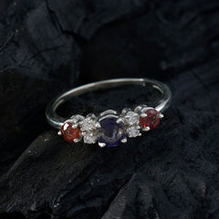 Maria multicolor trilogy ring with purple center stone red side gems and diamond accents on silver band