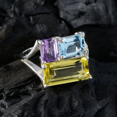 Rosa multicolor trilogy ring with purple, blue, and yellow rectangular gemstones in silver setting