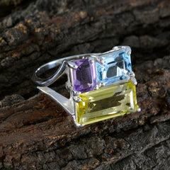 Rosa multicolor trilogy ring with purple, blue, and yellow rectangular gemstones set in silver