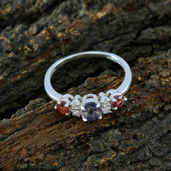 Maria multicolor trilogy ring in sterling silver with central lavender gemstone flanked by red stones and side diamonds