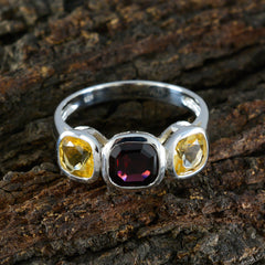 Milagros multicolor trilogy ring with red and yellow gemstones set in silver band