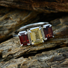 Aurora multicolor trilogy ring with red and yellow rectangular gemstones on silver band