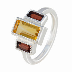 Eliza multicolor trilogy ring with yellow and red rectangular gemstones set on silver band