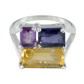 Marie multicolor trilogy ring with purple, blue, and yellow rectangular gemstones set in silver band