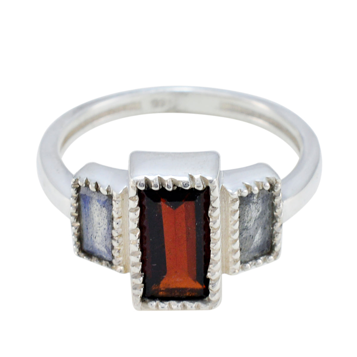 Silver Eleanor multicolor trilogy ring with rectangular red center stone and two gray blue side stones